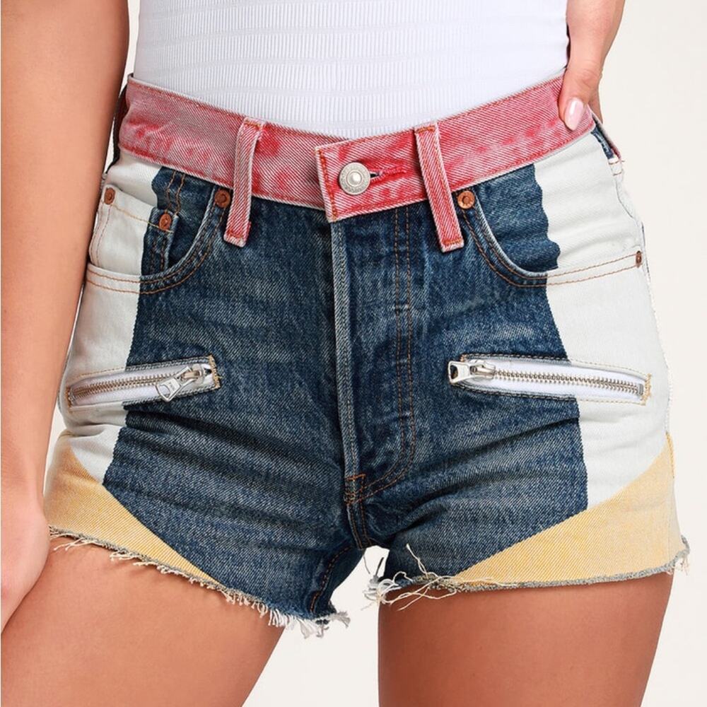 Levis 501 High Rise Medium Wash Color Block Denim Shorts 24 Retro Funky Cutoff